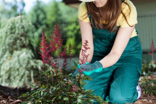 Garden maintenance crew using safe tools and procedures